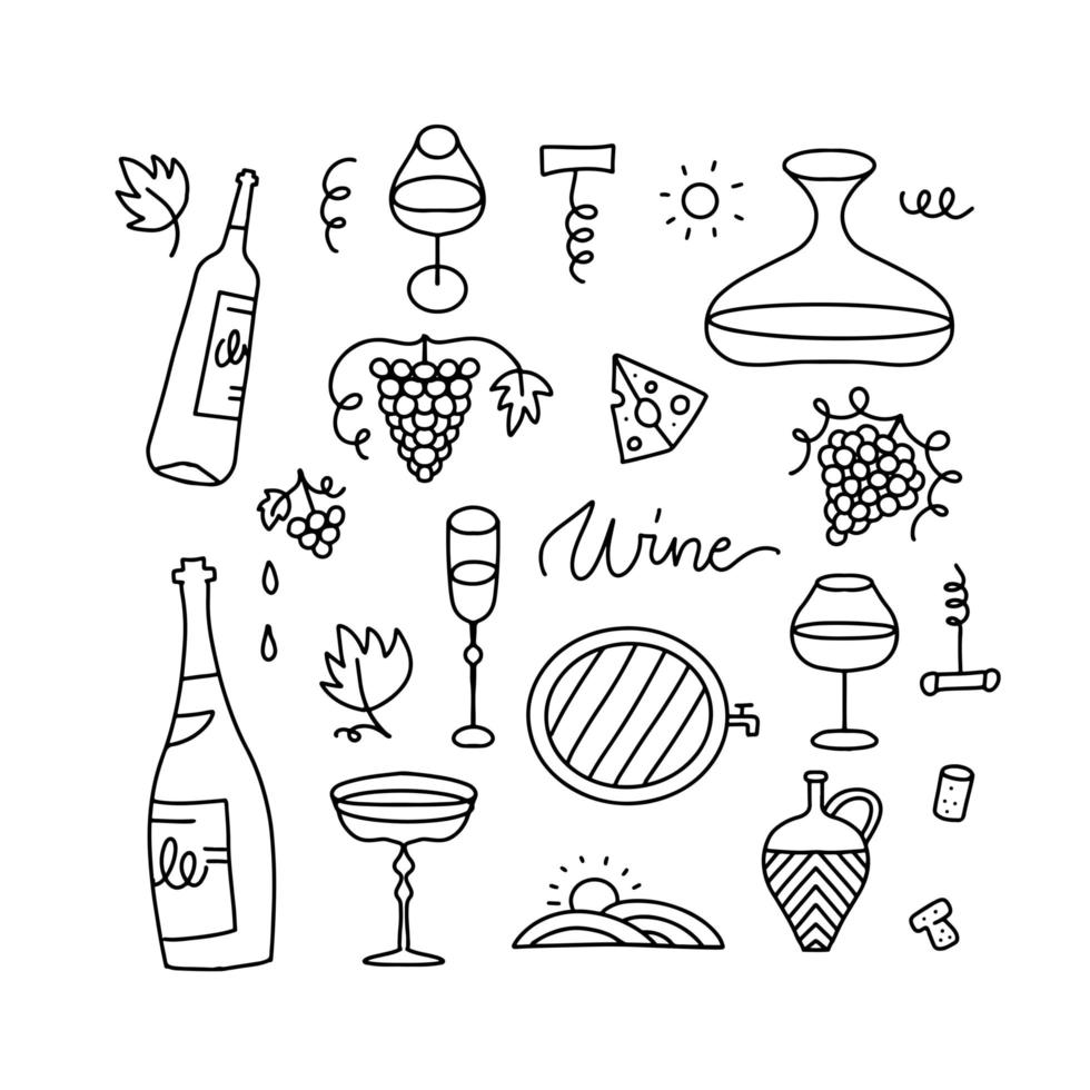 doodle hand rita vin element på vit bakgrund. linjära flaskor, glas, vindruvor etc. linje vektor illustration samling.