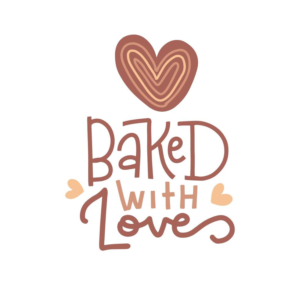 Beschriftungszitat - mit Liebe gebacken. lineare trendkalligrafie mit herzförmigem brötchen. gezeichnete Illustration des Vektors Hand auf weißem Hintergrund. kann für Drucktaschen, T-Shirts, Wohnkultur, Poster, Karten verwendet werden vektor