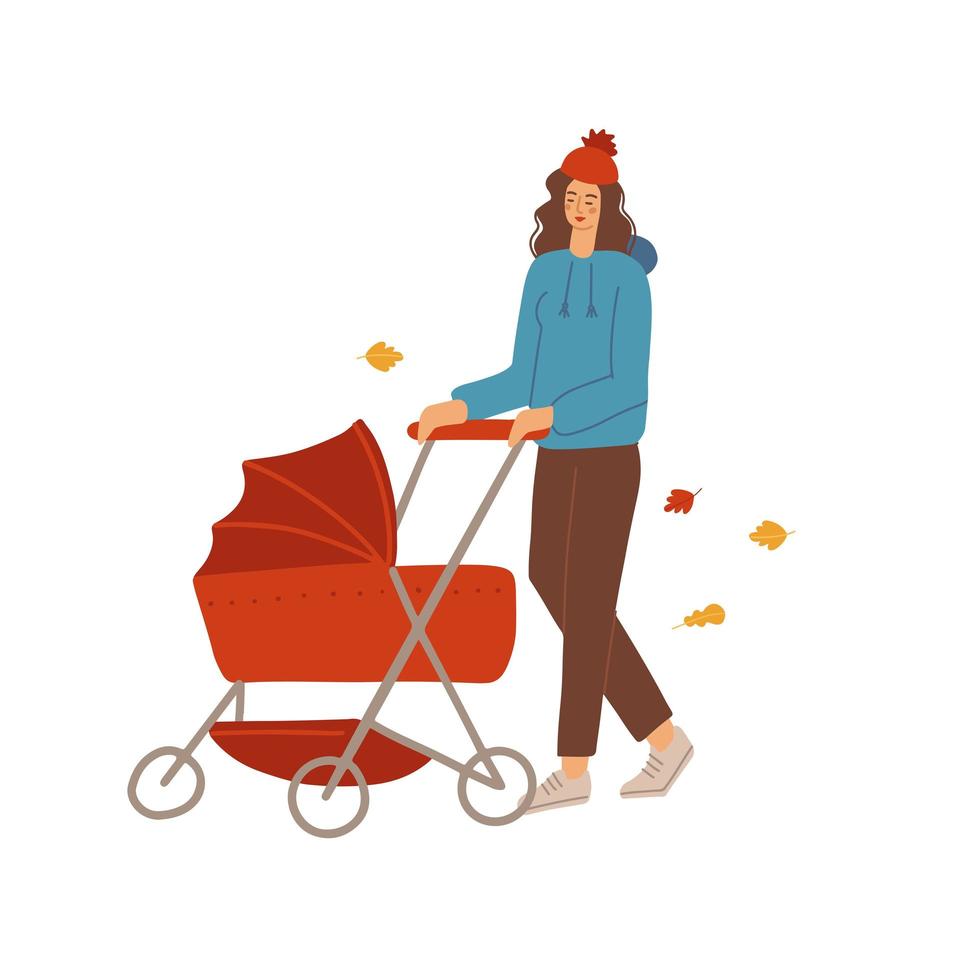 kvinna som håller carrige med barn. höstpromenad med barnvagn. en flicka som går med en barnvagn med en liten bebis. kvinnlig karaktär med casual kläder koncept. platt vektorillustration. vektor