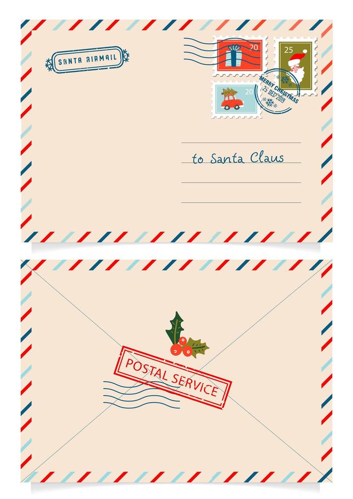Brief an den Weihnachtsmann mit Briefmarken und Poststempeln. lieber weihnachtsmann postumschlag. Weihnachtsüberraschungsbrief, Kinderpostkarte mit Nordpolstempelstempel. Porto überraschte Korrespondenz vektor