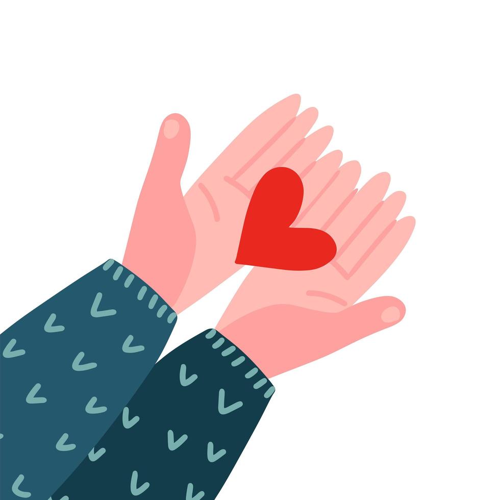 två händer som håller ett hjärta. toppvy. alla hjärtans dag, kärlek, förhållande. välgörenhetssymbol. två armar i en stickad tröja håller fram ett rött hjärta. vektor platt handritad illustration