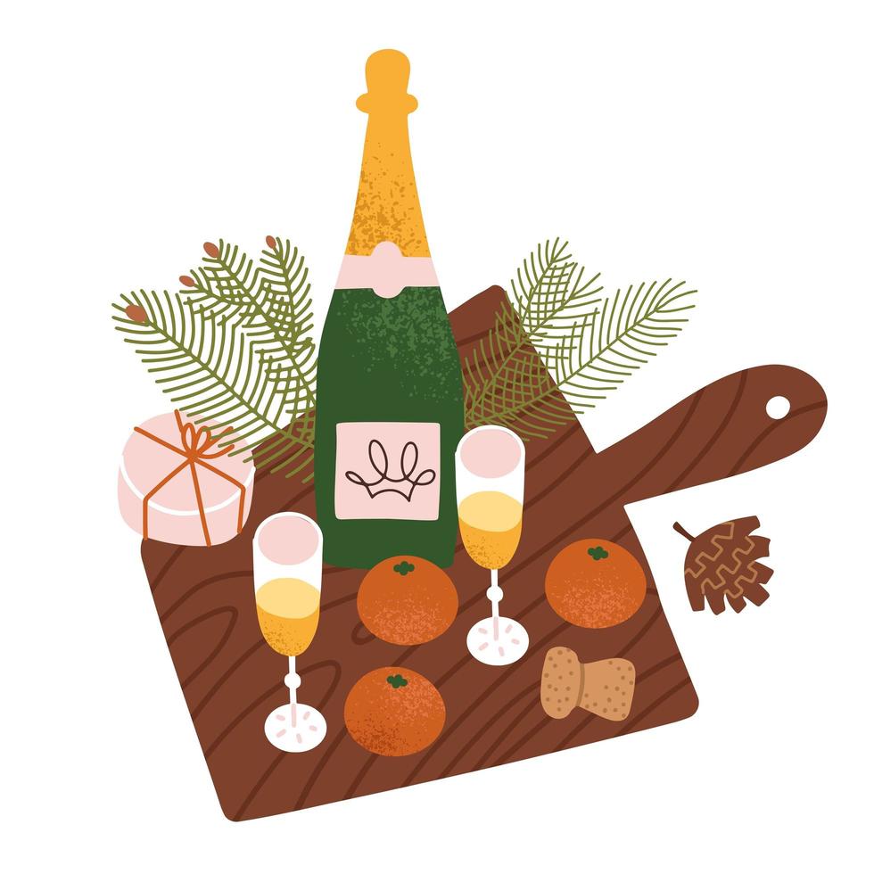 stilleben med mandariner, champagneflaska, glas och gran grenar... vektor platt texturerad illustration för jul och nyår.
