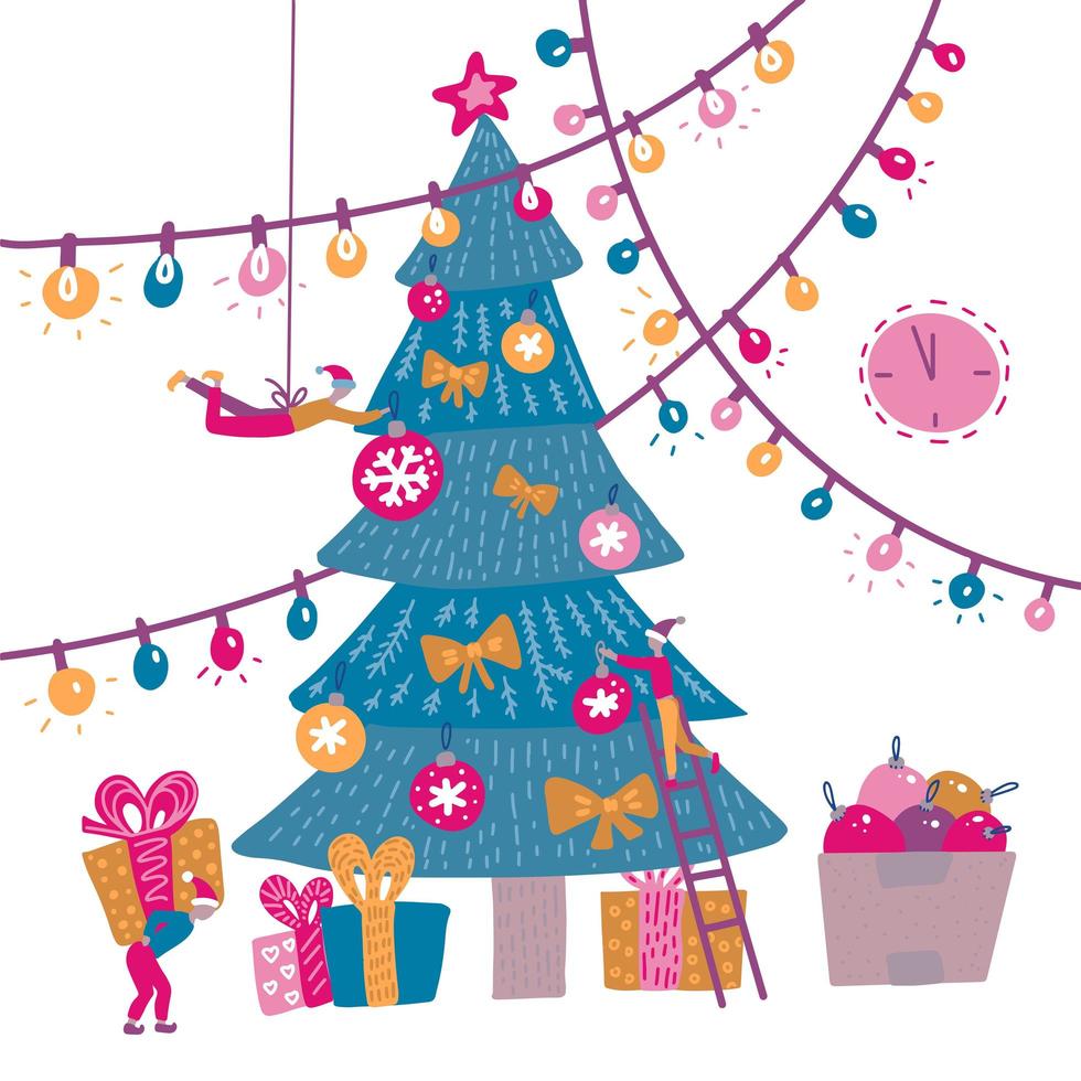 gruppe kleiner leute, die weihnachtsbaum schmücken. kleine männer, die geschenke unter geschmückten weihnachtsbäumen verpacken. weihnachtskarte handgezeichnete einfache flache illustration. vektor