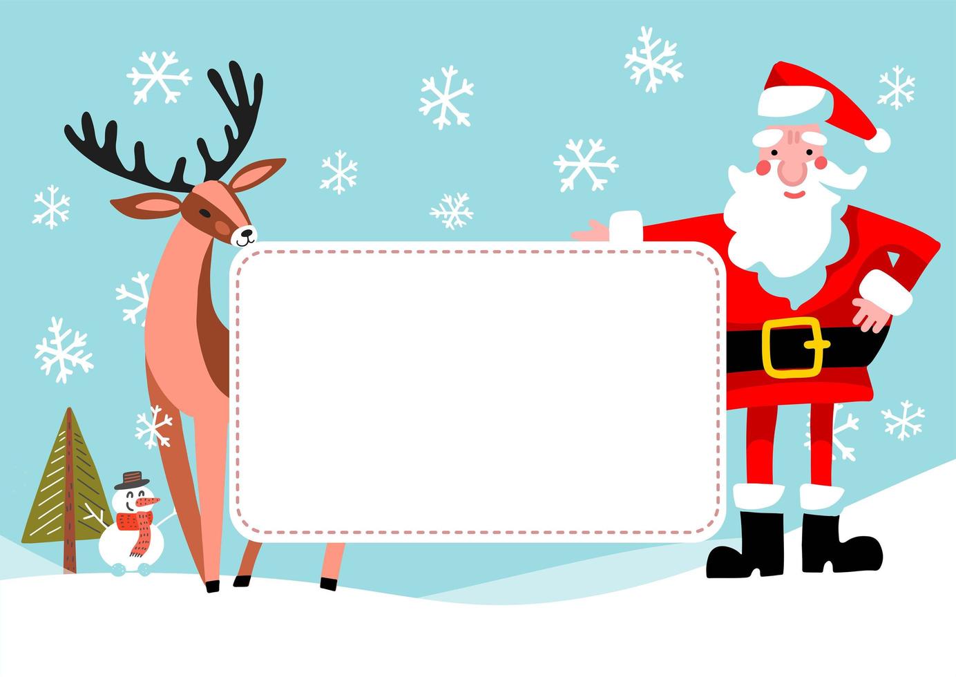 Cartoon-Weihnachtsmann und Rentier mit leerem Banner. Vektor Vintage Weihnachtsgrußkartendesign. Freiraum für Text.