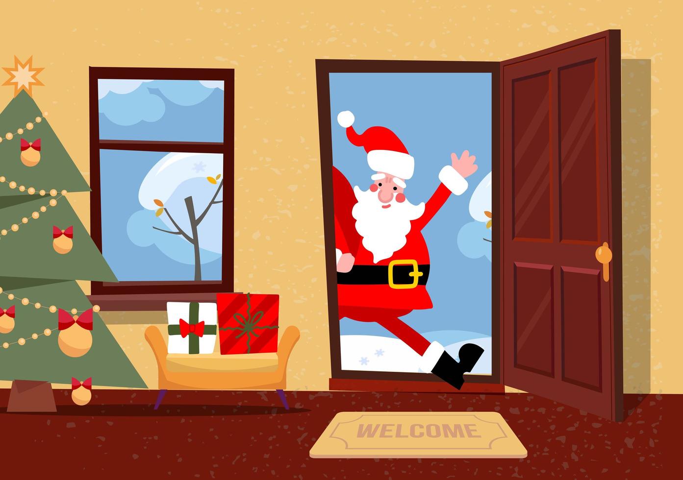 jultomten tittar i dörröppningen. korridorinteriör med julgran, presenter i lådor inuti. tomten kommer för att ge presenter till barn. platt tecknad vektorillustration. vektor