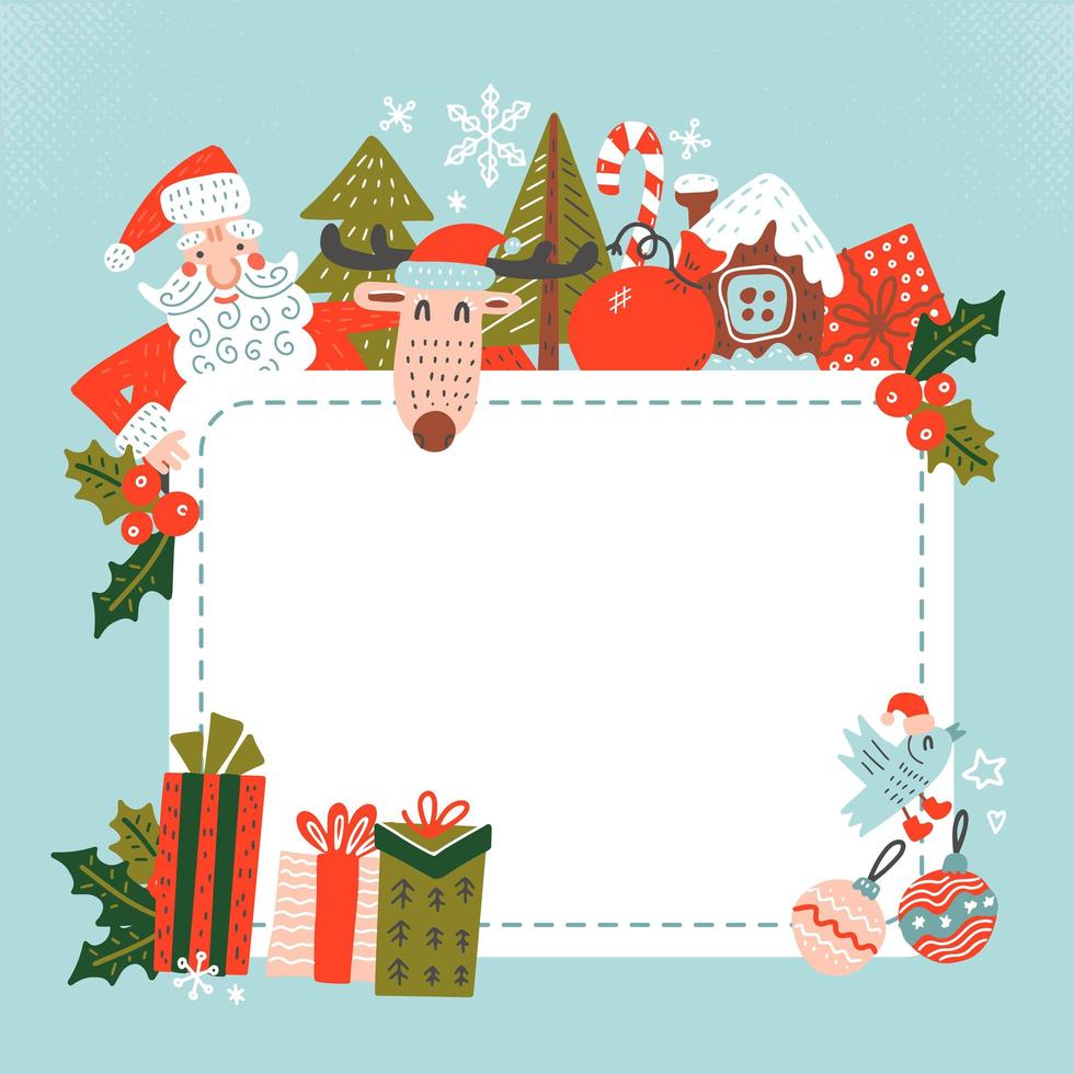 Santa tecken mall. jultomten håller ett tomt tecken. ram dekorerad med julklappar och karaktärer. platt vektor handritad illustration.