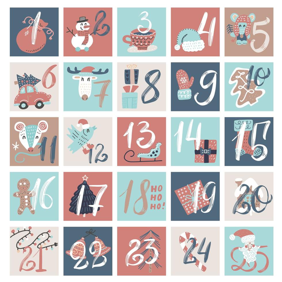 Adventskalender. dezember countdown-kalender gekritzelvektorillustration, weihnachtsabend kreativer winterkarikaturhintergrundsatz mit zahlen. vektor