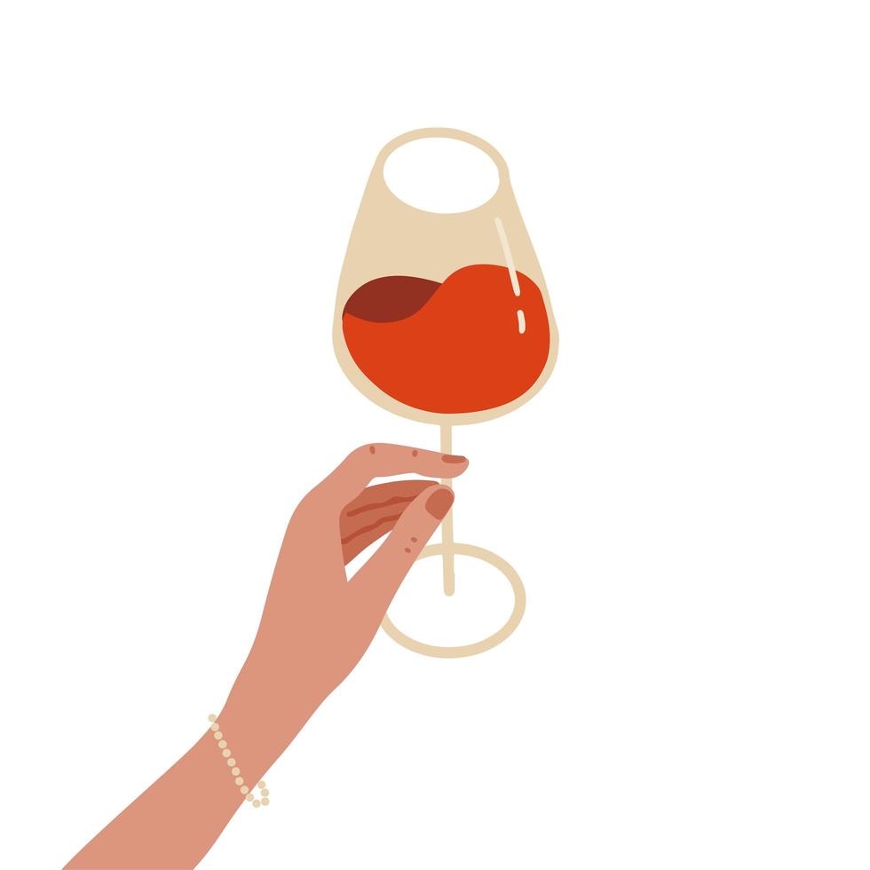 ett vinglas i kvinnlig hand. elegant hand som håller ett glas rött vin. fullt glas alkoholhaltig drinkink den graciösa handen av en flicka. vektor illustration i platt stil på en vit bakgrund.