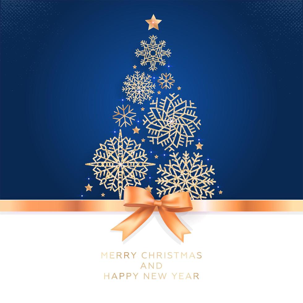 weihnachten und neujahr. Vektorgrußkarte mit Weihnachtsbaum aus glitzernden Schneeflocken und goldener Schleife. vektor