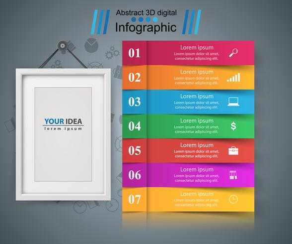 Rahmen, Papiergeschäft Infografik. Sieben Gegenstände. vektor