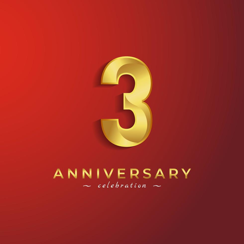 3-jähriges Jubiläum mit golden glänzender Farbe für Feierlichkeiten, Hochzeiten, Grußkarten und Einladungskarten einzeln auf rotem Hintergrund vektor