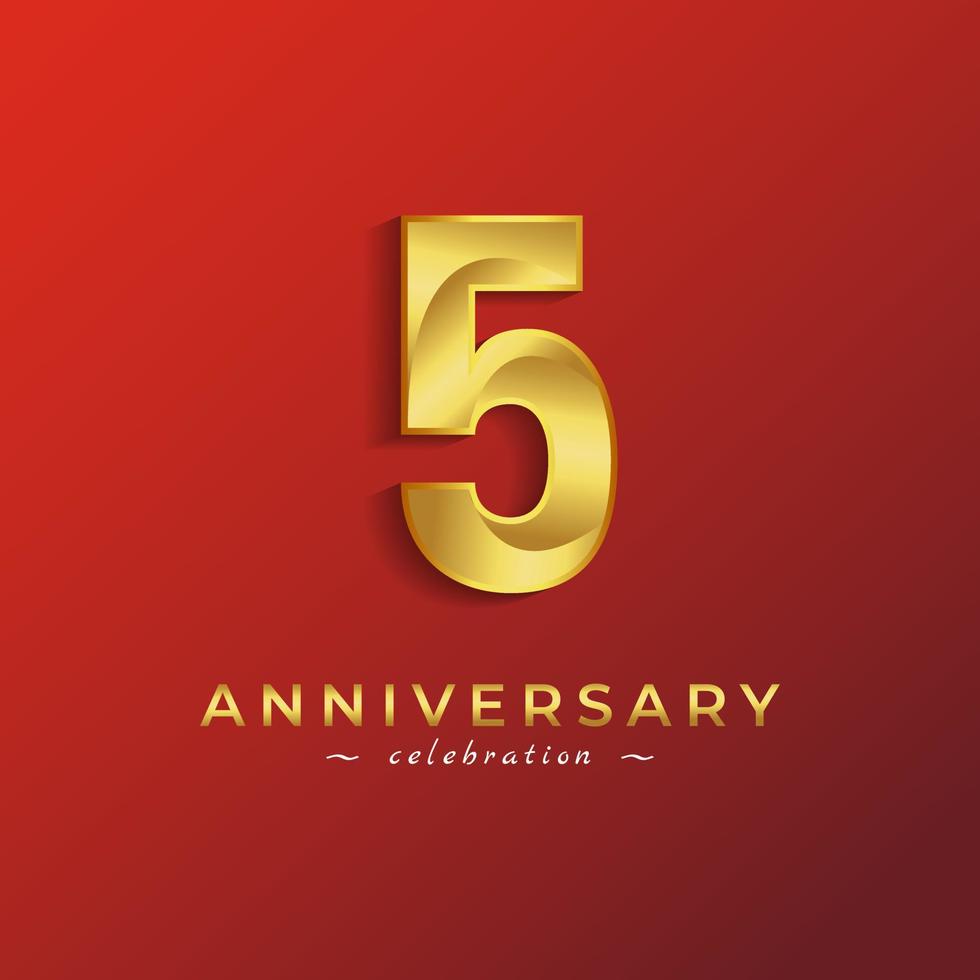 5-årsjubileumsfirande med gyllene glänsande färg för festevenemang, bröllop, gratulationskort och inbjudningskort isolerad på röd bakgrund vektor