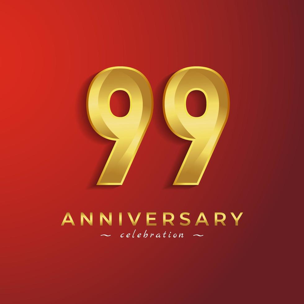 99-jähriges Jubiläum mit golden glänzender Farbe für Feierlichkeiten, Hochzeiten, Grußkarten und Einladungskarten einzeln auf rotem Hintergrund vektor