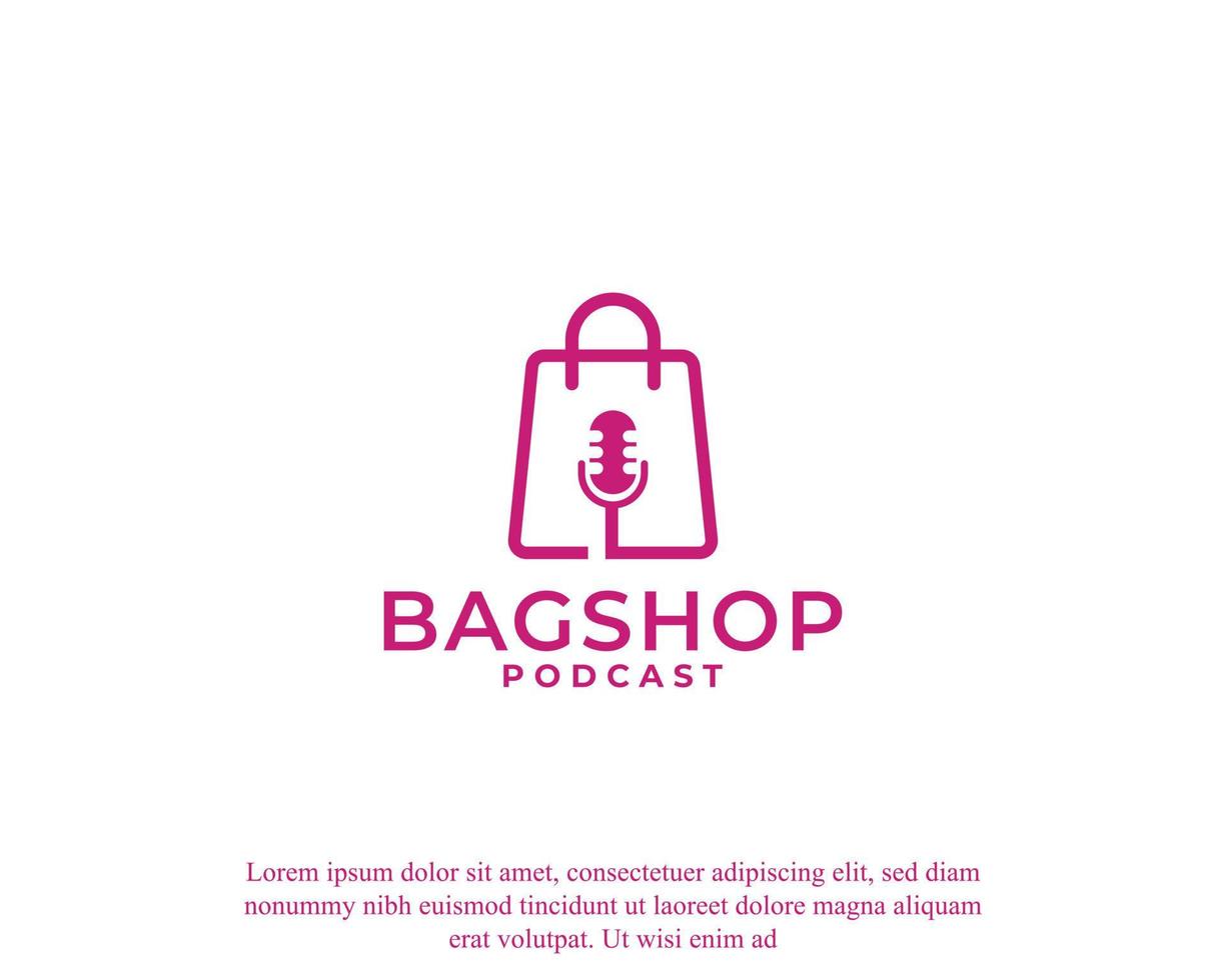 shoppingväska logotypdesign kombinerad med podcastmikrofon. lämplig för podcastbranschen vektor