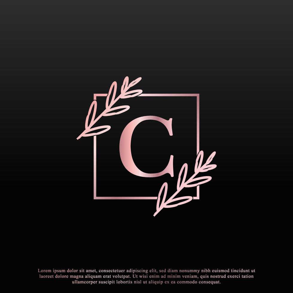 elegant fyrkantig blomlogga med c-bokstav med kreativ elegant bladmonogramgrenlinje och rosa svart färg. användbar för logotyper för företag, mode, kosmetika, spa, vetenskap, medicin och natur. vektor