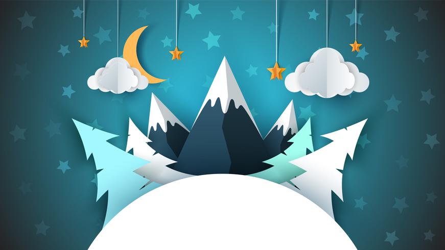 Winter Cartoon Papierlandschaft. Fröhliche Weihnachten und frohes Neues. Tanne, Mond, Wolke, Stern, Berg, Schnee. vektor