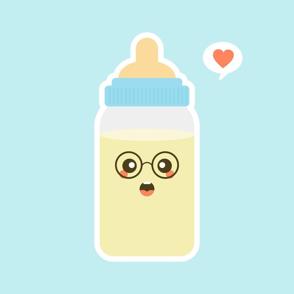 flaches design der babymilchflasche. lustige Milchflaschenfiguren mit lächelnden Gesichtern, Cartoon-Vektorillustration isoliert auf farbigem Hintergrund. süße und kawaii Milchflasche. vektor