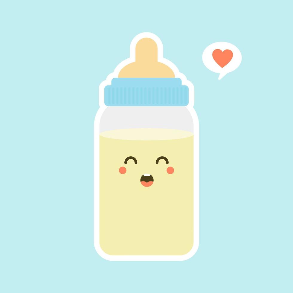 flaches design der babymilchflasche. lustige Milchflaschenfiguren mit lächelnden Gesichtern, Cartoon-Vektorillustration isoliert auf farbigem Hintergrund. süße und kawaii Milchflasche. vektor