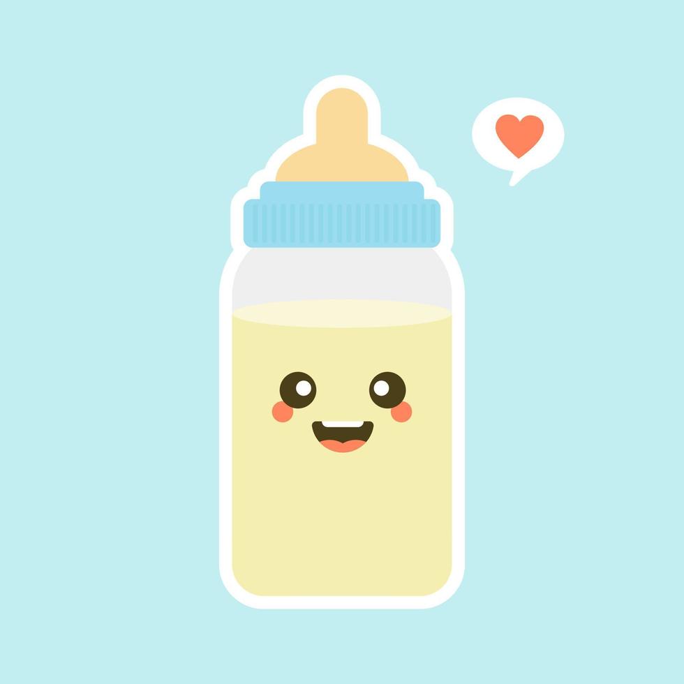 flaches design der babymilchflasche. lustige Milchflaschenfiguren mit lächelnden Gesichtern, Cartoon-Vektorillustration isoliert auf farbigem Hintergrund. süße und kawaii Milchflasche. vektor