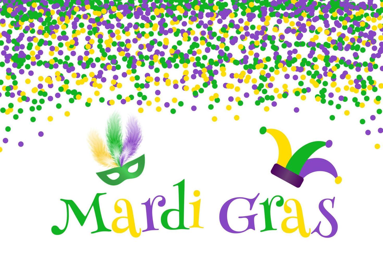 Mardi Gras Karneval Vektor Hintergrund mit grünen, lila und gelben Konfetti. einfach zu bearbeitende Designvorlage für Ihre Projekte.