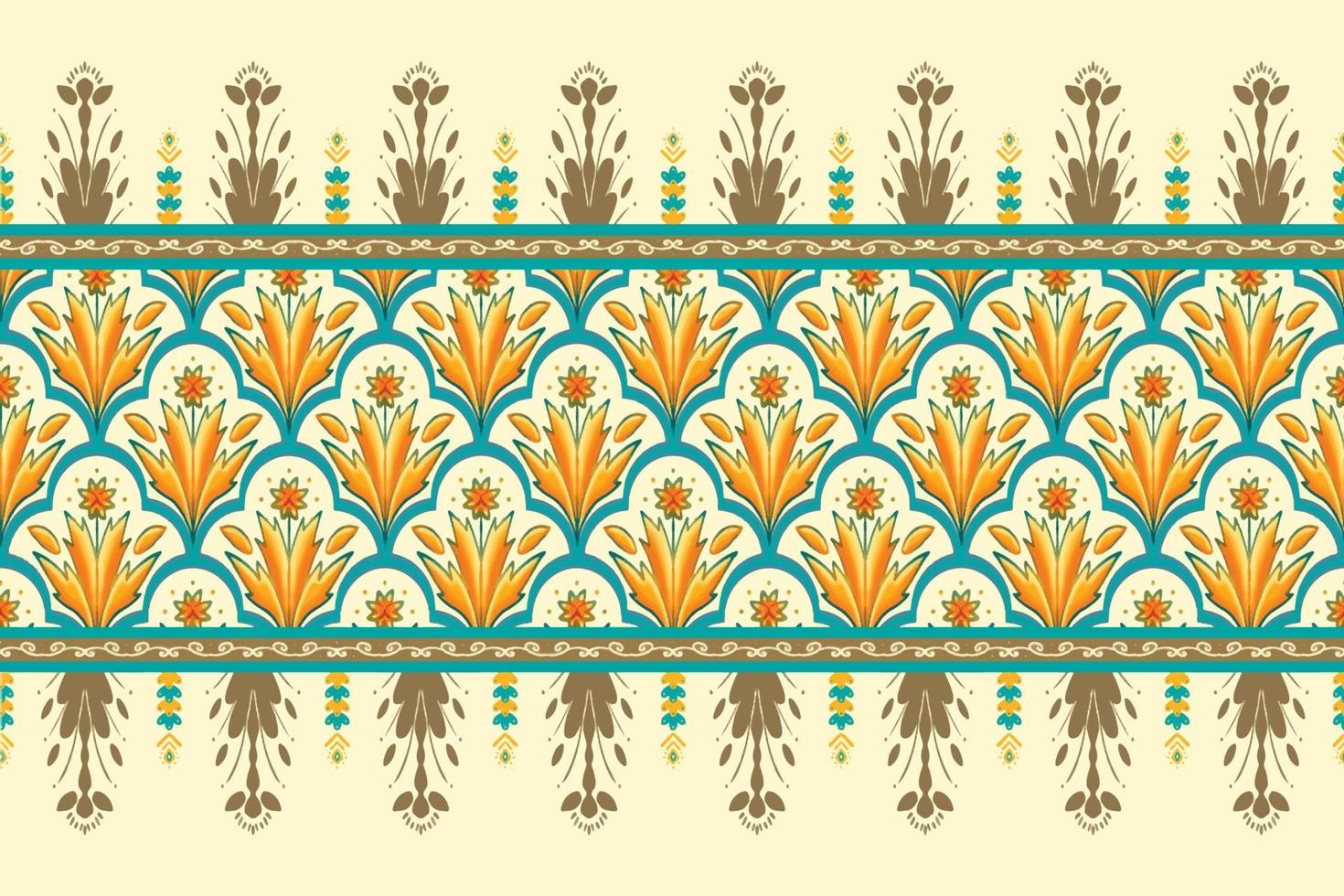 gul blomma på elfenben, grön kricka geometriskt etniskt orientaliskt mönster traditionell design för bakgrund, matta, tapeter, kläder, omslag, batik, tyg, vektorillustration broderistil vektor