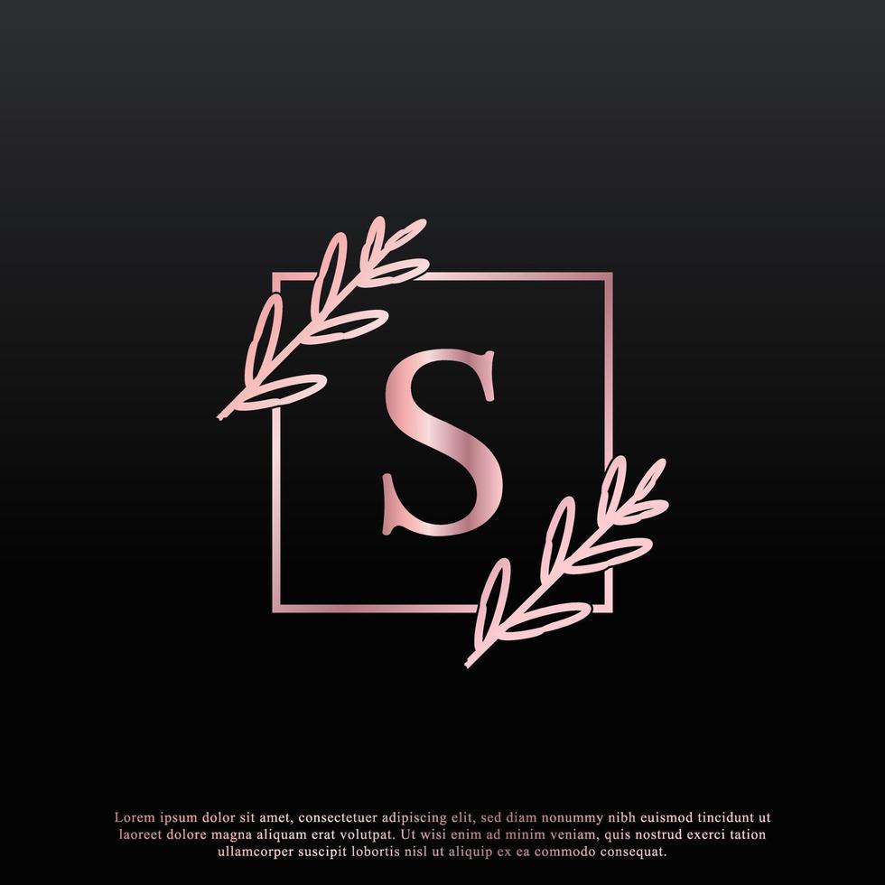 elegant s letter fyrkantig blommig logotyp med kreativ elegant löv monogram grenlinje och rosa svart färg. användbar för logotyper för företag, mode, kosmetika, spa, vetenskap, medicin och natur. vektor