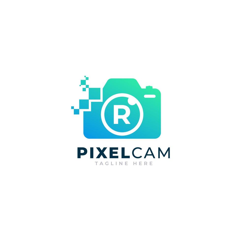 bokstaven r inuti kameran foto pixel teknologi logotyp designmall vektor