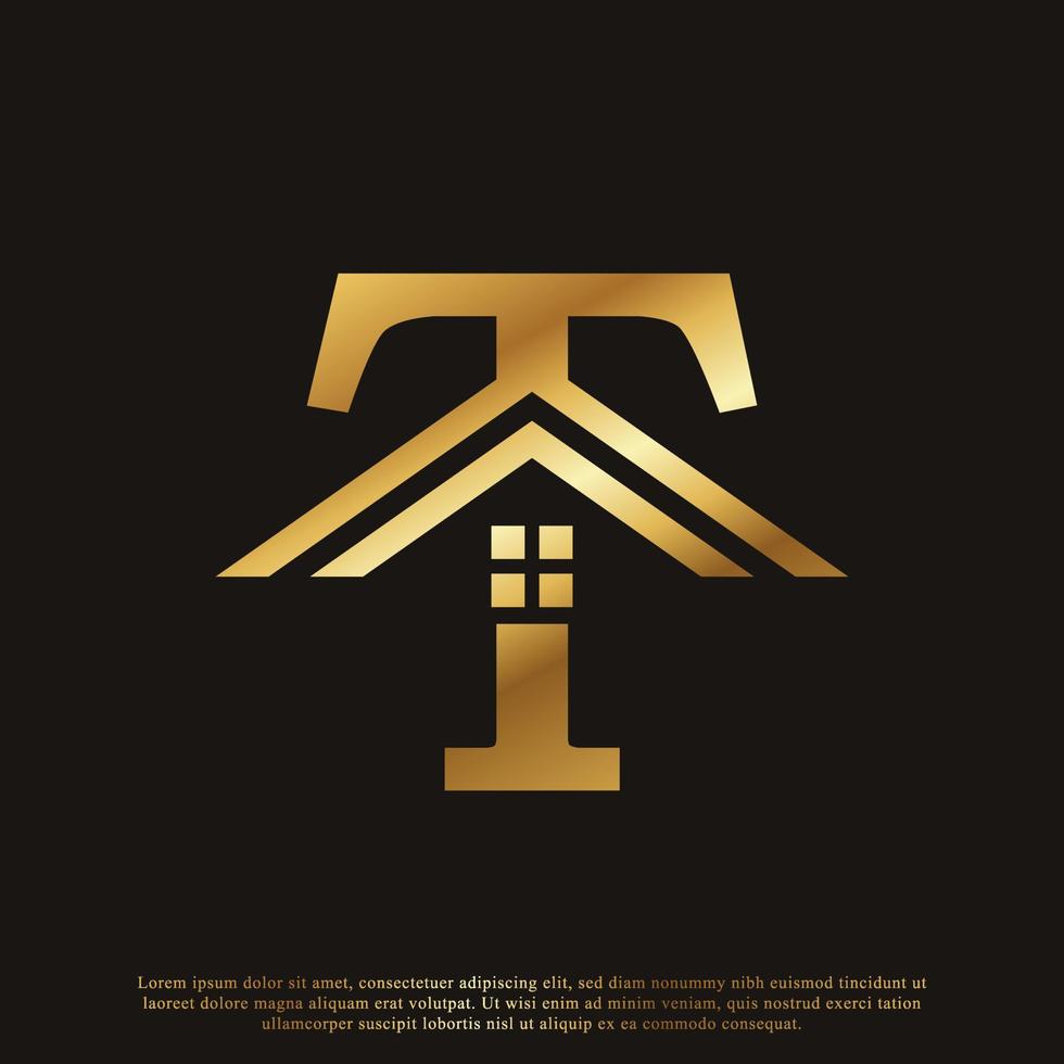 första bokstaven t hem hus gyllene logotyp design. fastighets logotyp koncept. vektor illustration
