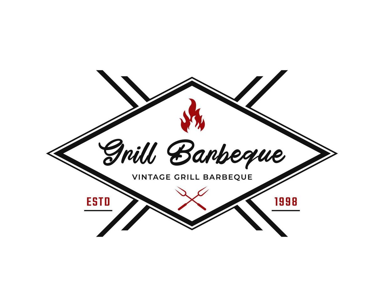 klassisk vintage retro etikett märke för grill grill grill grill bbq med korsad gaffel och eld flamma logotyp design inspiration vektor