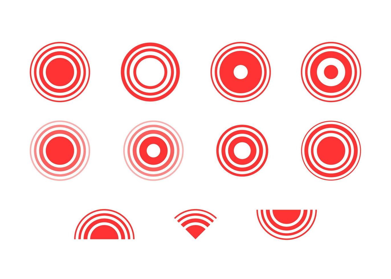 smärta lokalisering tecken puls röd cirkel uppsättning. smärta röda ringar att markera. ikon radiell inflammation. mål hälsa ikon. vektor symbol