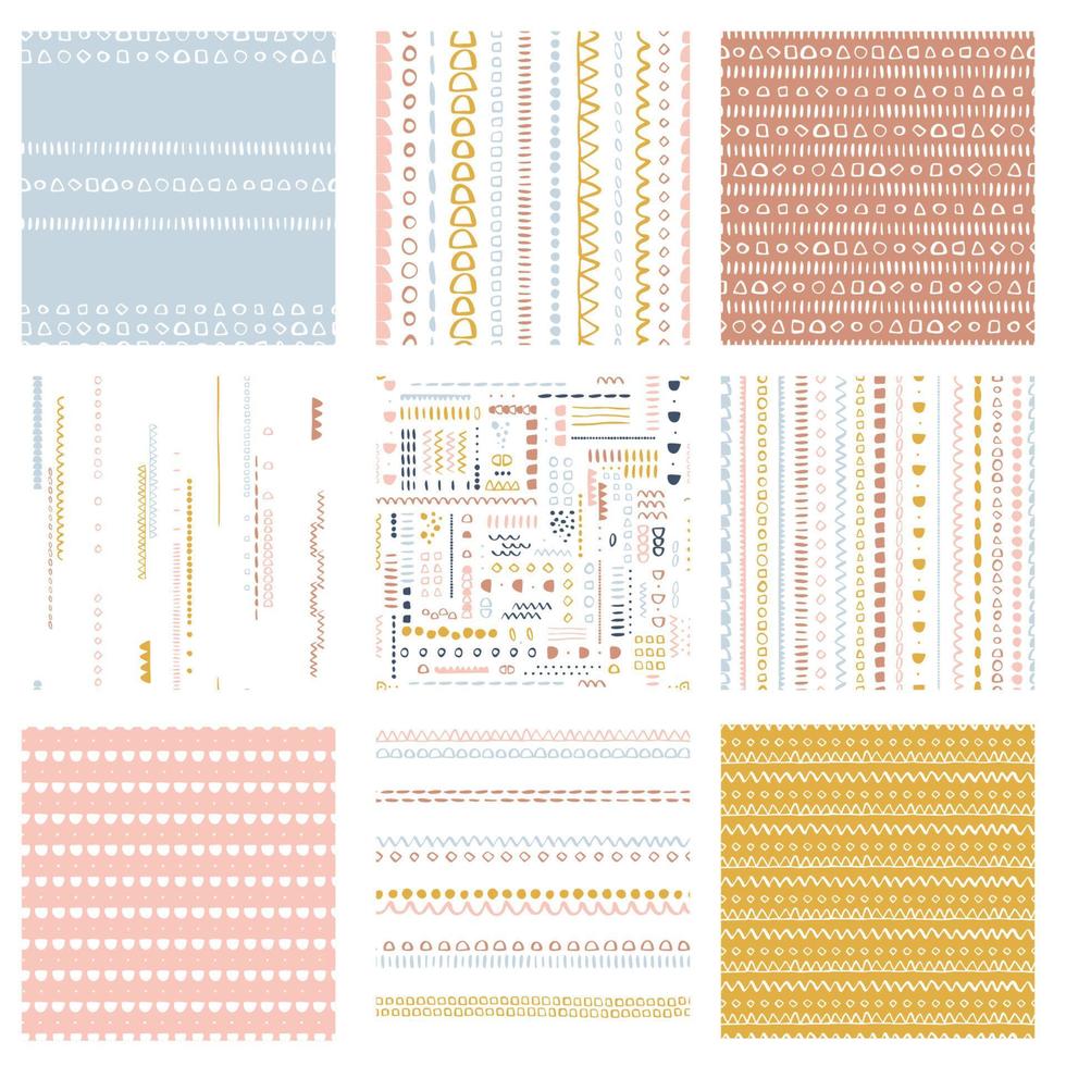 Vektornahtloses Musterpaket mit kindlichen Oberflächenhintergründen trendige individuelle Farben Kindheit Hipster-Thema, geometrisches abstraktes Musterpaket im skandinavischen Stil zum Bedrucken von Papier und Stoff. vektor