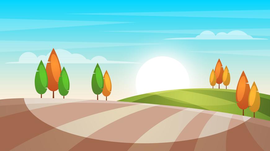 Cartoon Landschaft Illustration. Baum, Sonne, Feld. vektor