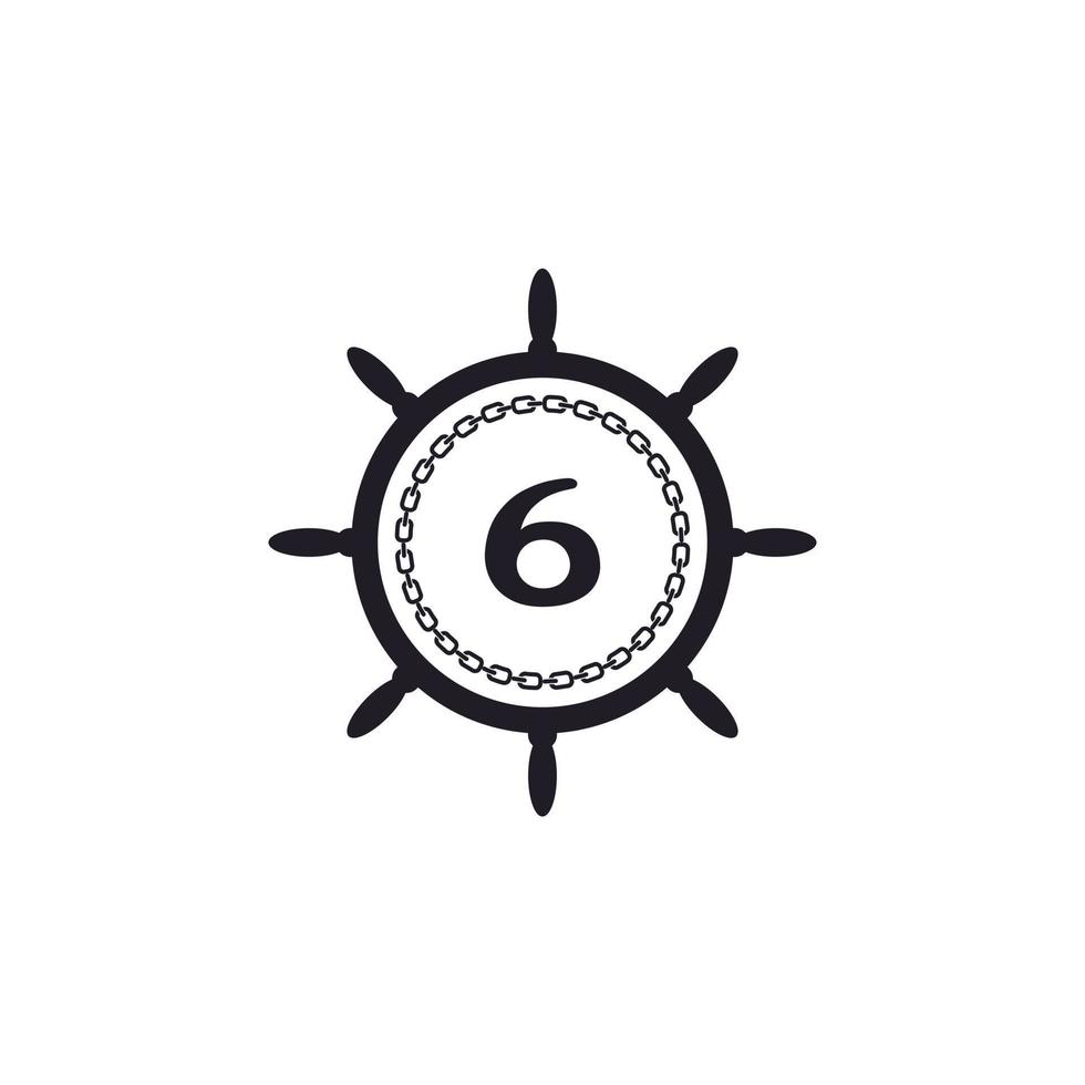 nummer 6 inuti fartygets ratt och cirkulär kedjeikon för nautisk logotypinspiration vektor