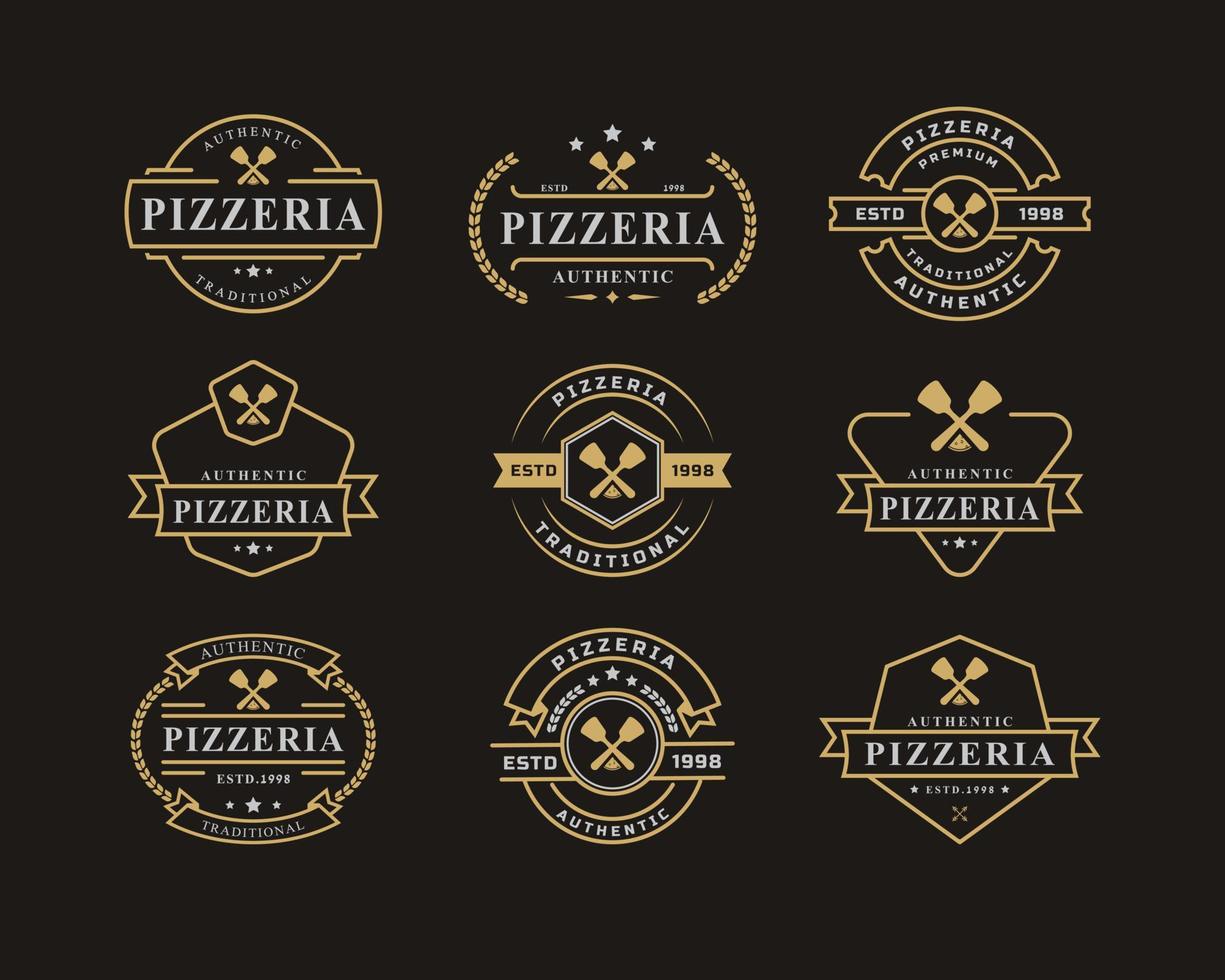 Satz von Vintage-Retro-Abzeichen für Pfannenwender Pizza Pizzeria Logo Emblem Design Symbol vektor