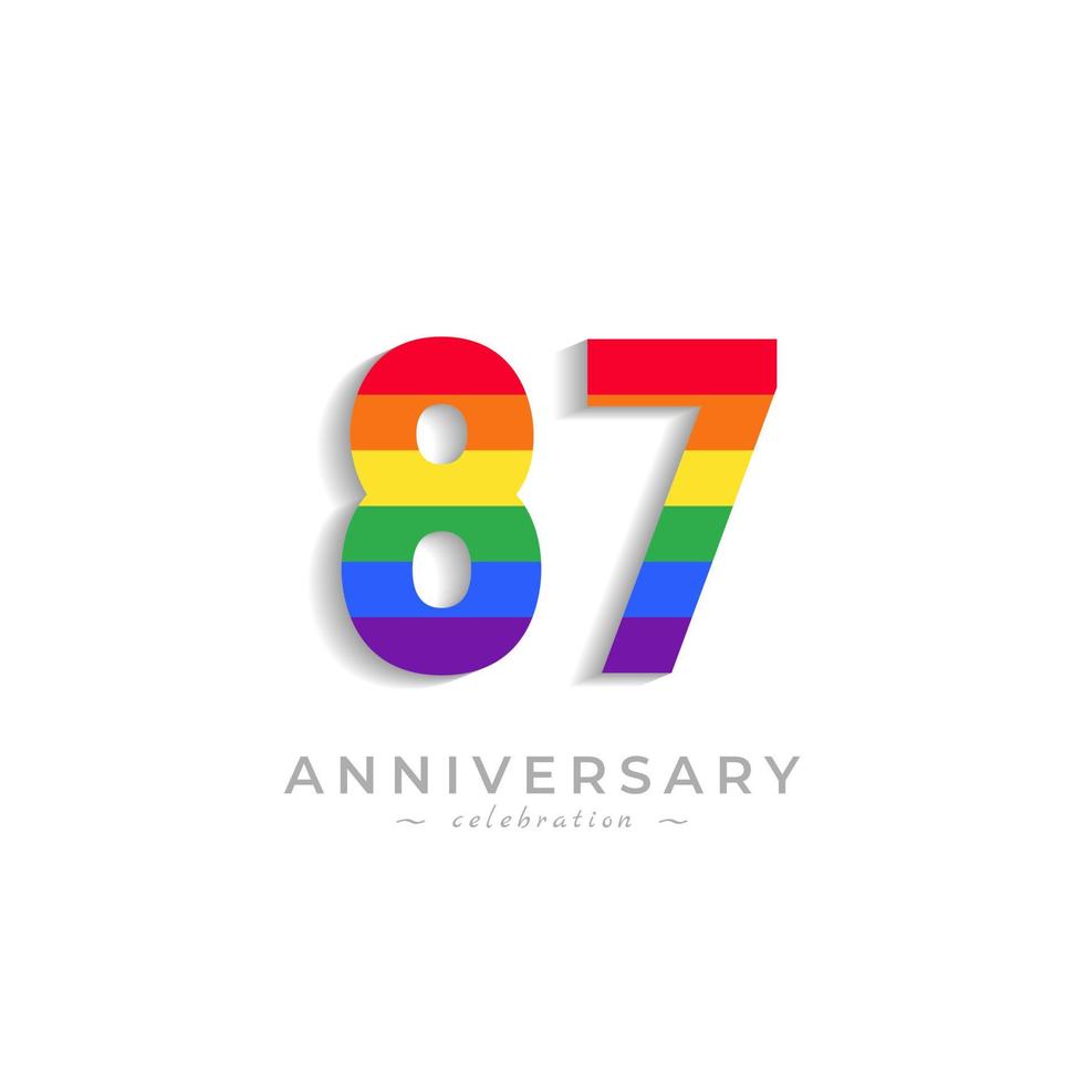 87-årsjubileumsfirande med regnbågsfärg för festevenemang, bröllop, gratulationskort och inbjudan isolerad på vit bakgrund vektor