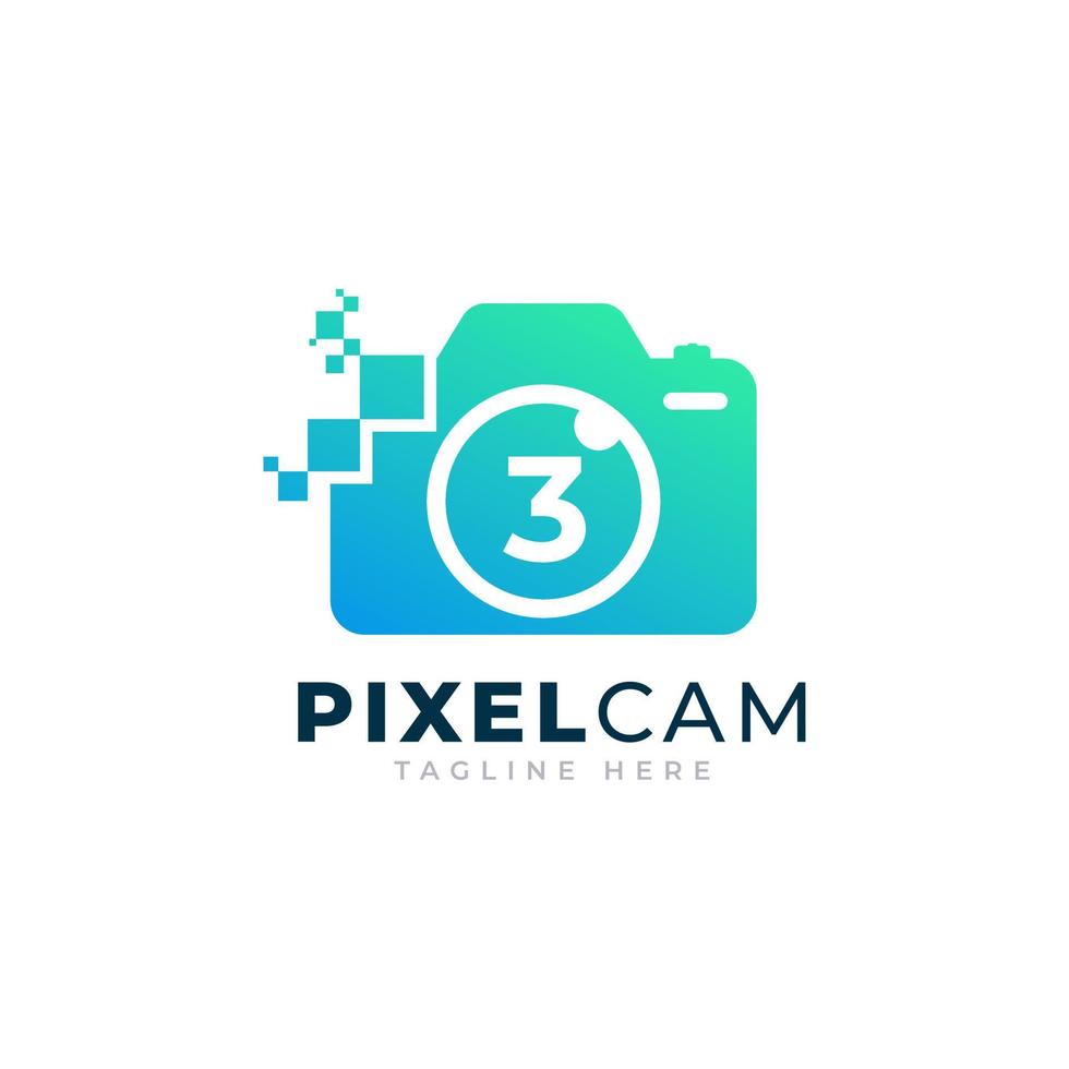 nummer 3 inuti kameran foto pixel teknologi logotyp designmall vektor