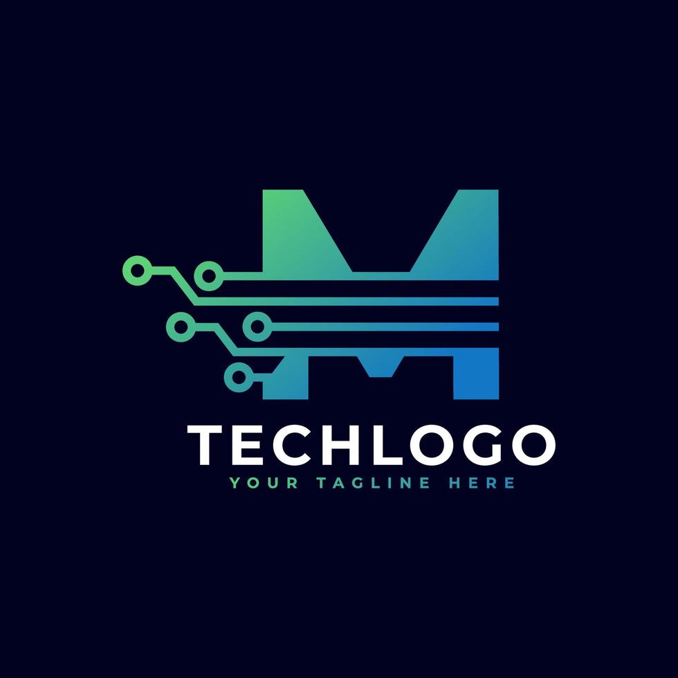 tech bokstaven m logotyp. futuristisk vektor logotyp mall med grön och blå gradient färg. geometrisk form. användbar för företags- och tekniklogotyper.