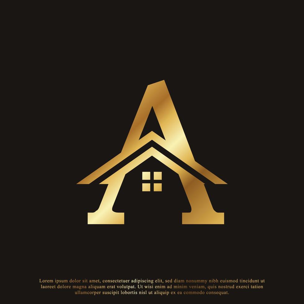 initial bokstav ett hem hus gyllene logotyp design. fastighets logotyp koncept. vektor illustration
