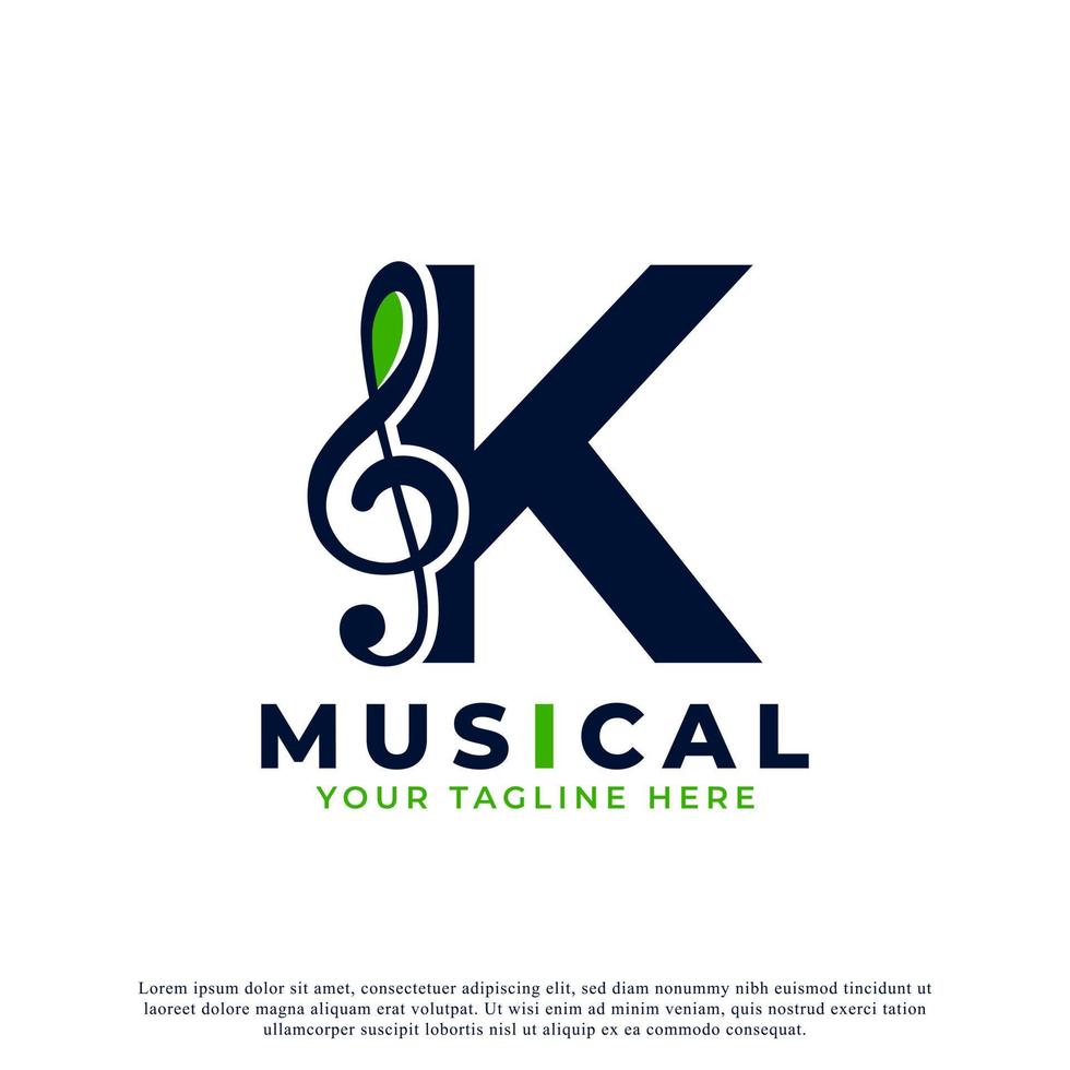 bokstaven k med musik nyckelnot logotyp designelement. användbar för logotyper för företag, musik, underhållning, skivor och orkester vektor