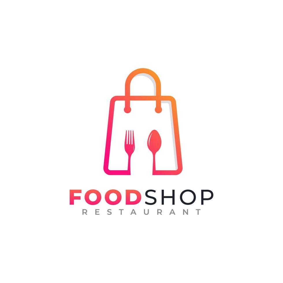 Logo-Design für Lebensmittelgeschäfte. Einkaufstasche kombiniert mit Löffel- und Gabelsymbol-Vektorillustration vektor