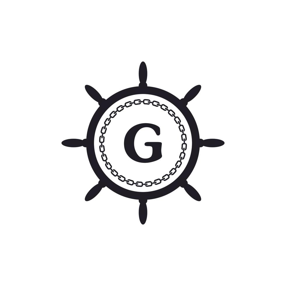 buchstabe g im schiffslenkrad und kreisförmiges kettensymbol für nautische logo-inspiration vektor