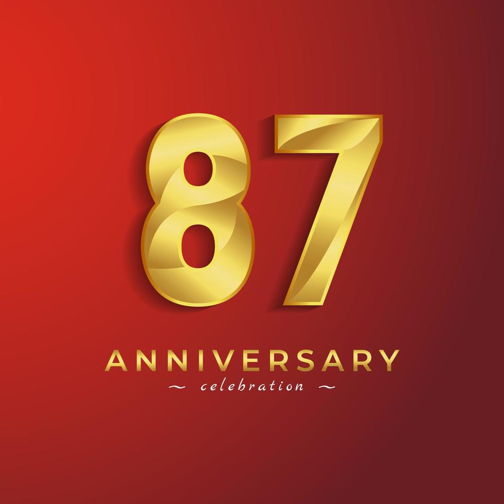 87-årsjubileumsfirande med gyllene glänsande färg för festevenemang, bröllop, gratulationskort och inbjudningskort isolerad på röd bakgrund vektor