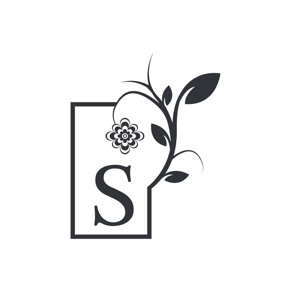 elegantes s luxus-logo mit quadratischem rahmenabzeichen. Blumen mit Blumenblättern. Perfekt für Mode, Schmuck, Schönheitssalon, Kosmetik, Spa, Boutique, Hochzeit, Briefstempel, Hotel- und Restaurantlogo. vektor