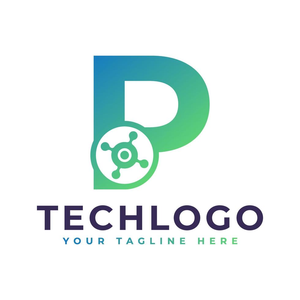 Tech-Buchstabe p-Logo. grüne geometrische Form mit Punktkreis verbunden als Netzwerk-Logo-Vektor. verwendbar für Geschäfts- und Technologielogos. vektor