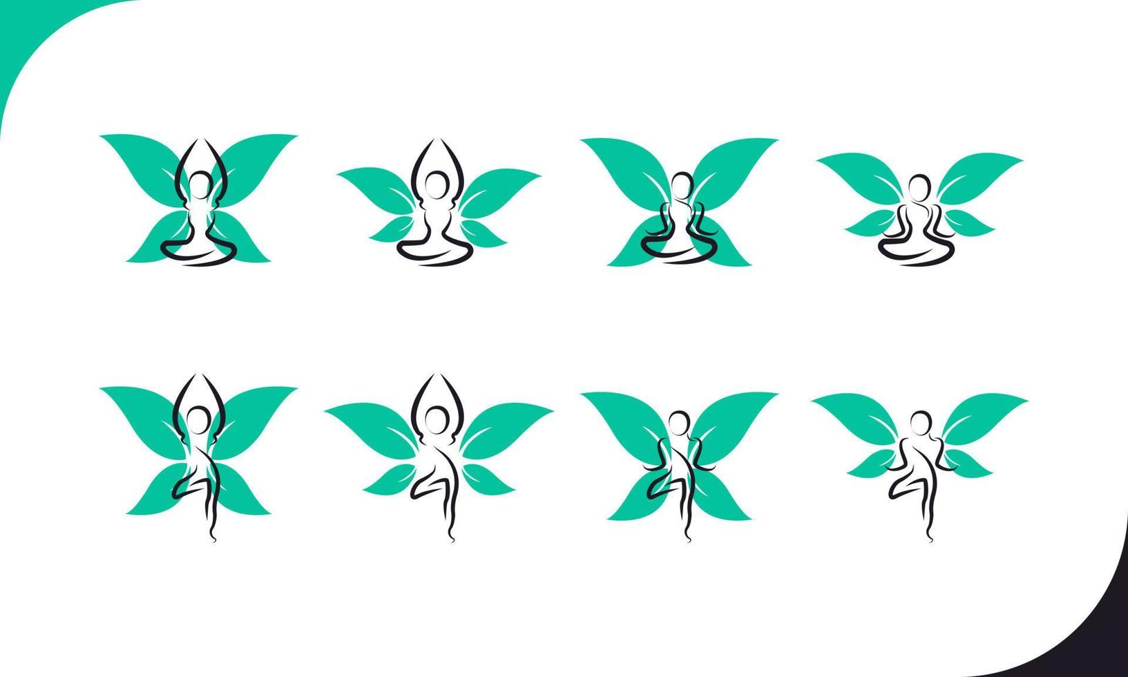 Set von Schmetterlingsfrauen mit Blättern für Wellness und gesundes Logo-Icon-Design-Vorlagenelement vektor
