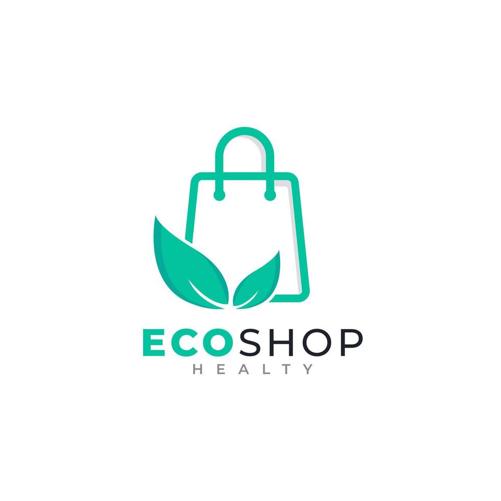 Öko-Shop-Logo-Design. Einkaufstasche kombiniert mit grüner Blattikonen-Vektorillustration vektor