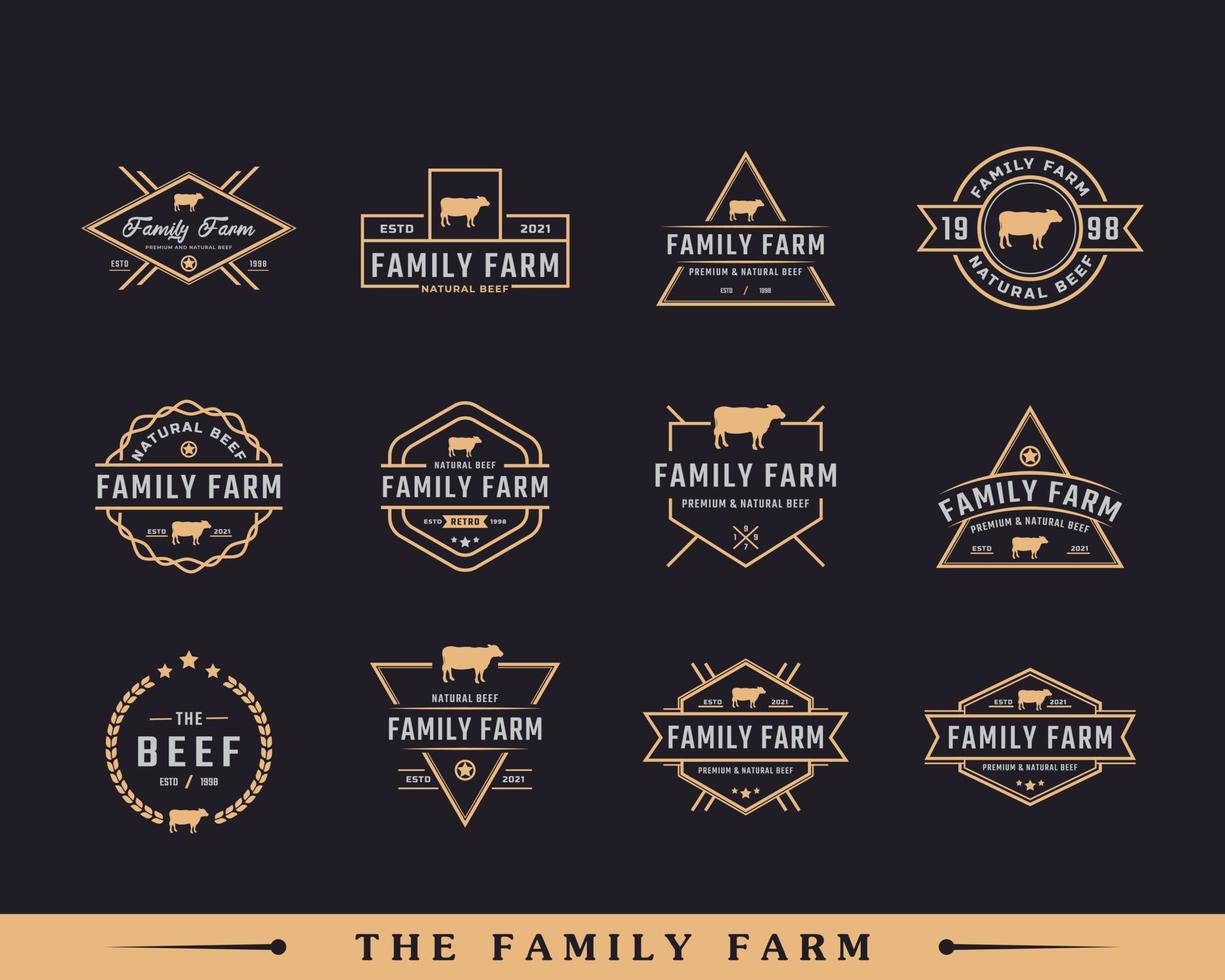 uppsättning klassisk vintage retro etikett märke emblem boskap, angus, nötkött familjegård logotyp design inspiration vektor