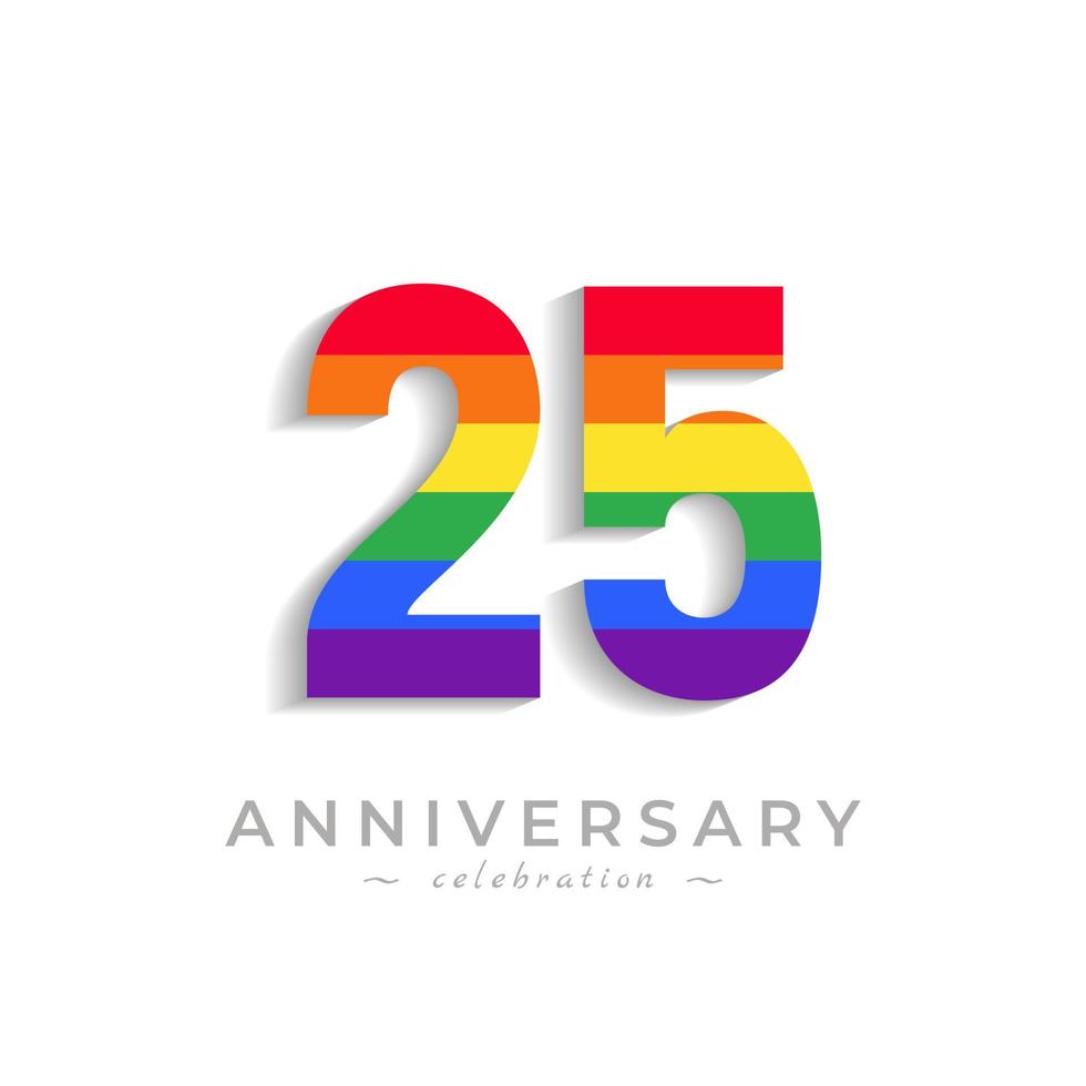 25-årsjubileumsfirande med regnbågsfärg för festevenemang, bröllop, gratulationskort och inbjudan isolerad på vit bakgrund vektor