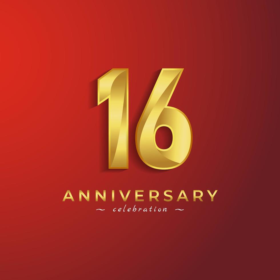 16-jähriges Jubiläum mit golden glänzender Farbe für Feierlichkeiten, Hochzeiten, Grußkarten und Einladungskarten einzeln auf rotem Hintergrund vektor