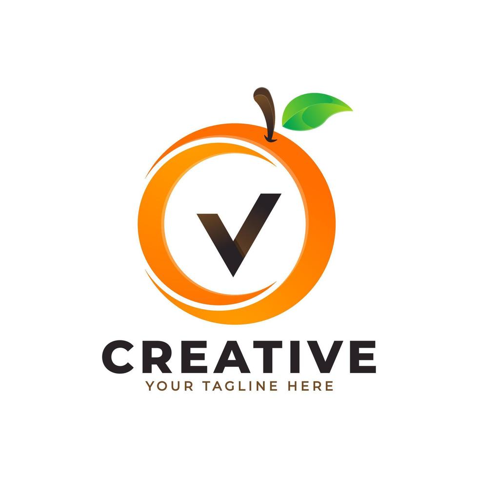 bokstaven v logotyp i färsk orange frukt med modern stil. varumärkesidentitet logotyper design vektor illustration mall